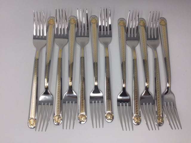 12 PC Greek Design Dinner Fork With Gold Handle