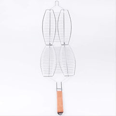 2 Fishes BBQ Grill Basket Wire Mesh Grilling Net with Long Wooden Handle