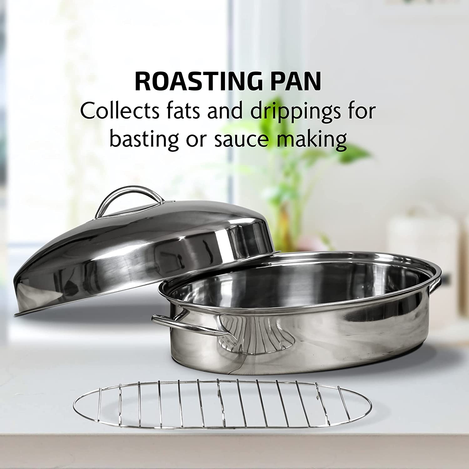 16.5" Stainless Steel Oval Turkey Roaster With Rack & Lid