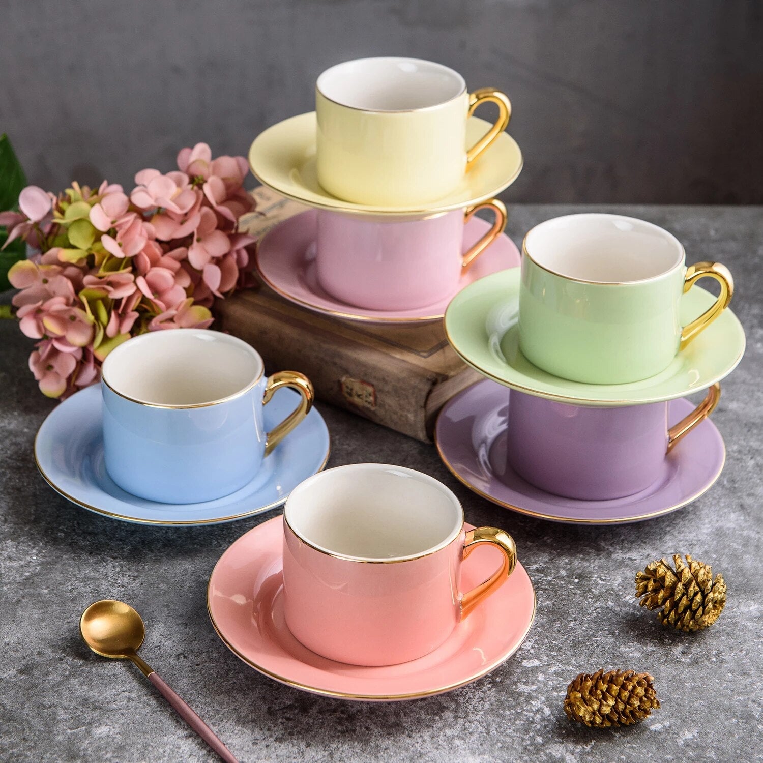 12 PC Matte Yellow & Gold Coffee Set