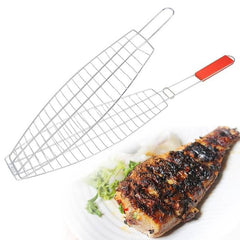 1 Fish BBQ Grill Basket Wire Mesh Grilling Net with Long Wooden Handle