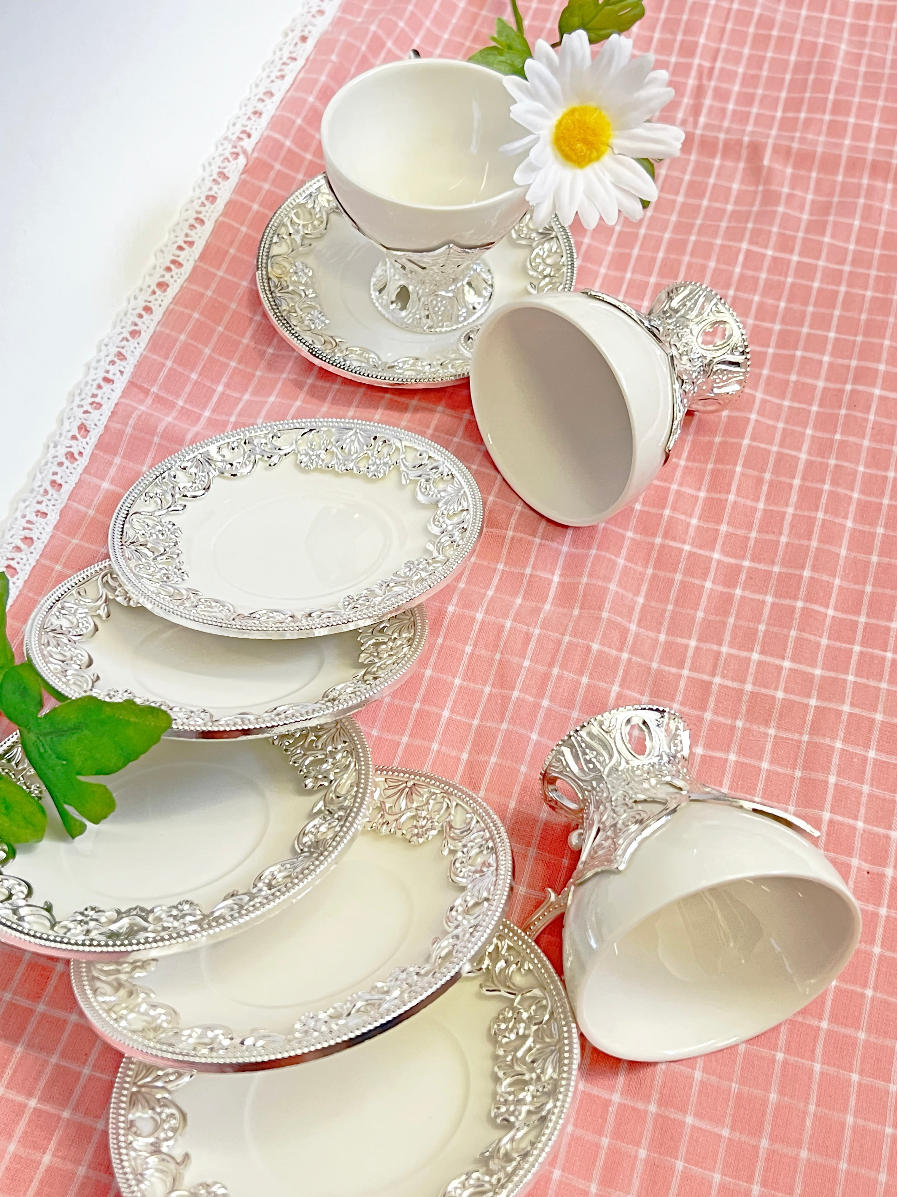 12 PC White & Silver Fancy Coffee Cup Set