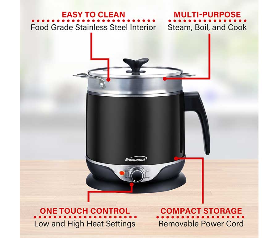 1.9 QT Brentwood Cordless Electric Hot Pot Cooker & Food Steamer