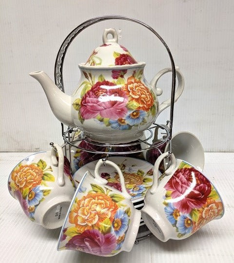 15 PC Pink And Yellow Peony Tea Set